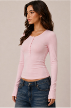 Load image into Gallery viewer, Long Sleeve Henley Neck Button Top
